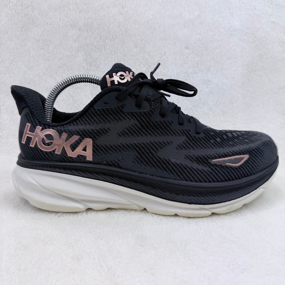HOKA Clifton 9 Womens Running Shoes Black Rose Gold Size 10.5 Wide Athletic Shoe